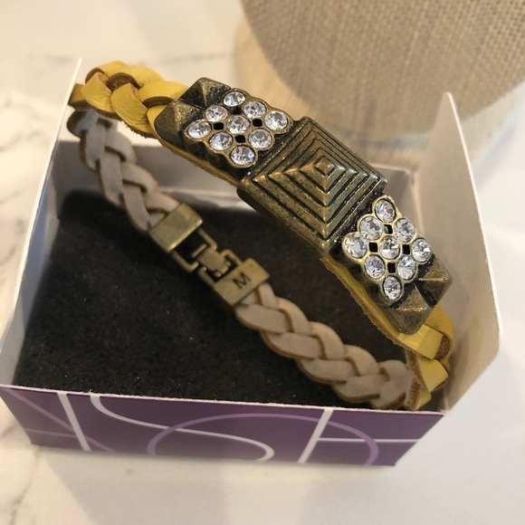 Lia Sophia “Confidant” Yellow Braided Leather Matte Gold Wrap Bracelet NEW - Picture 2 of 3